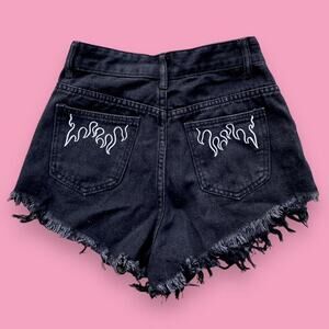 Black flame denim shorts